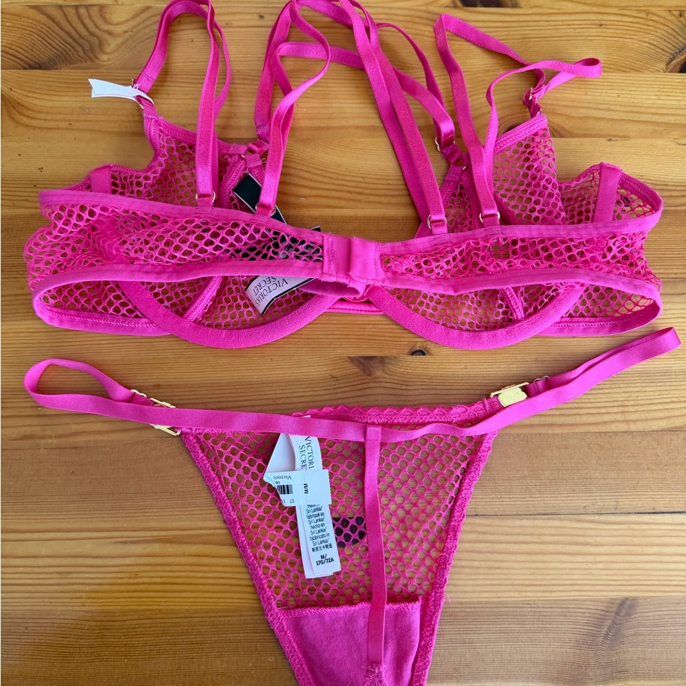 VICTORIAs SECRET Low Cut Demi BRA thong Set Pink Fishnet Open Cup gold NWT small - Picture 5 of 7